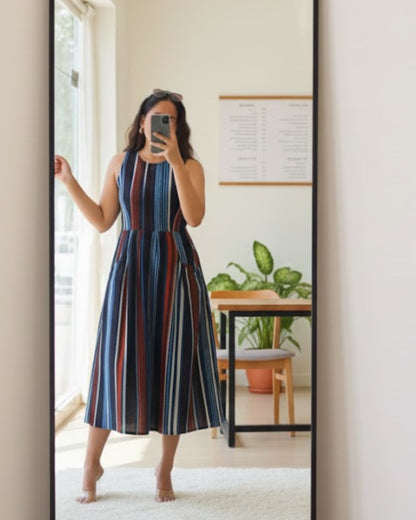 Megan Striped Jahota HandBlock Print Midi Dress