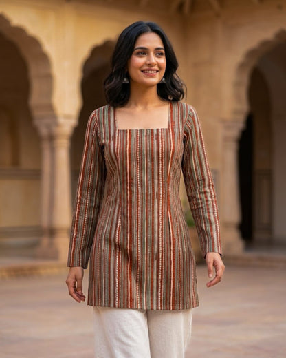 Ziva Striped HandBlock Printed Corset Back Kurti