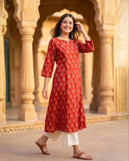 Naina Red HandBlock Printed kurta