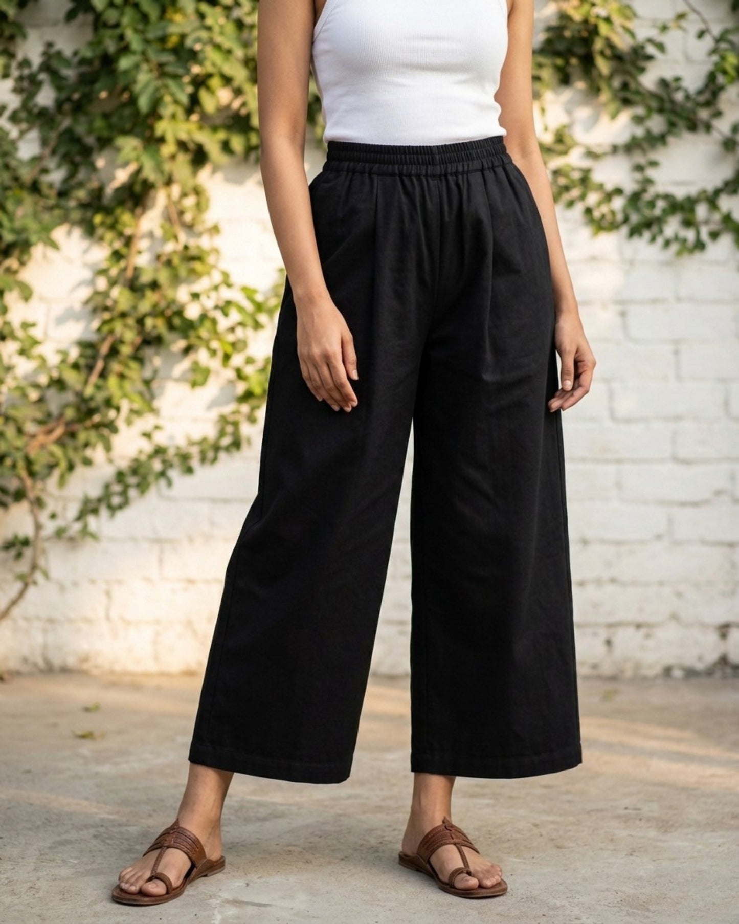 Black Cotton Flared Cropped Pants