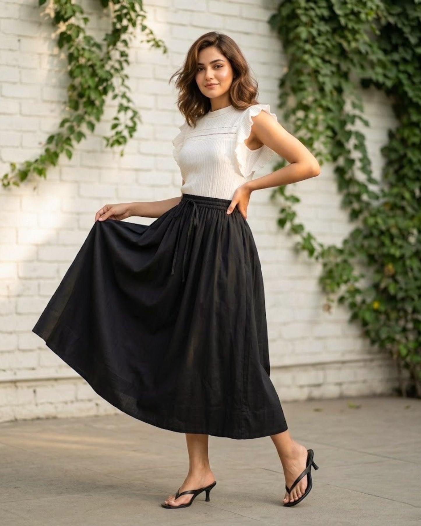 Black Cotton High-Waist Skirt