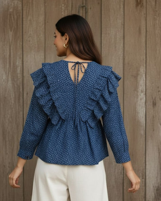 Raha Blue frilled Cotton Top