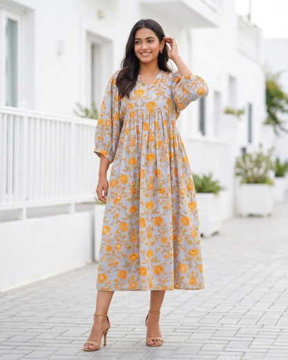 Rachel Mul Cotton HandBlock Print Midi Dress