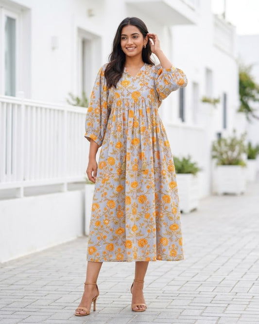 Rachel Mul Cotton HandBlock Print Midi Dress