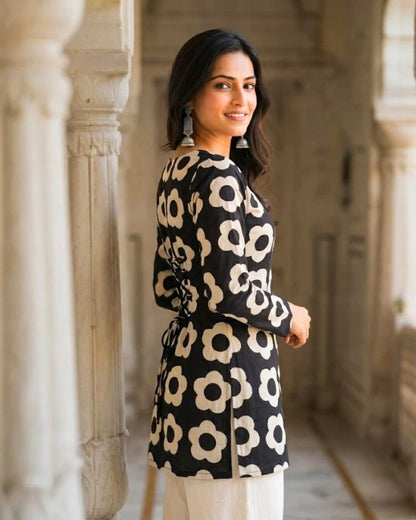 Aadya Black HandBlock Print Corset Back Short kurti