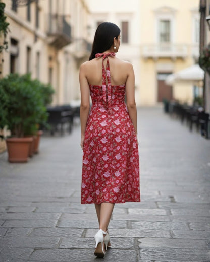 April Red Handblock Floral Print Cotton Midi Dress