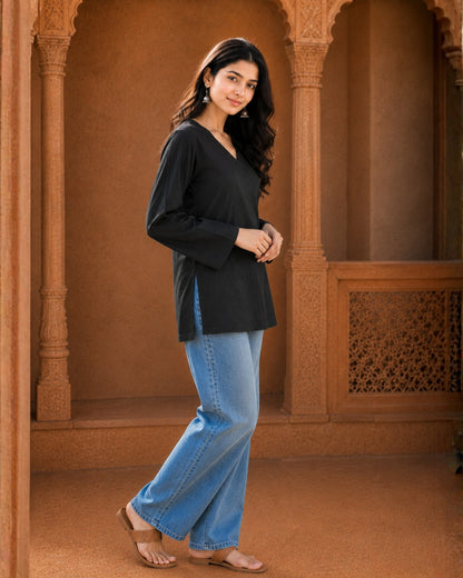 Nina Black Cotton Sleeved Short Kurti