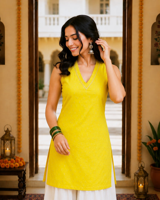 Shanaya Yellow Cotton Lurex Short Kurti