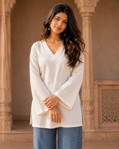 Saphed White Cotton Sleeved Short Kurti