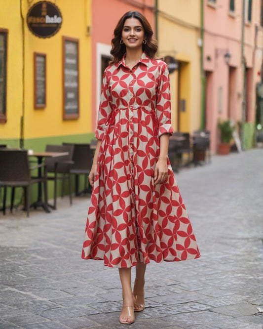 Blair Red Button-down Circular Midi Dress