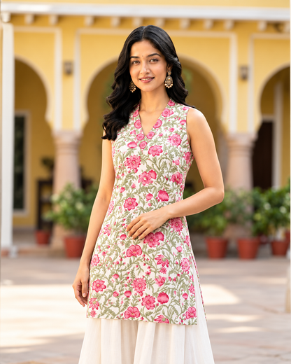 Saira Floral HandBlock Print Short Cotton Kurti