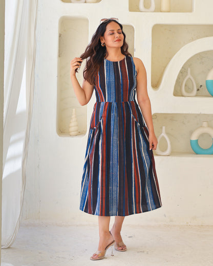 Megan Striped Jahota HandBlock Print Midi Dress
