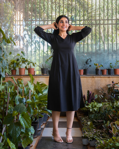 Marina Black Cotton Midi Dress