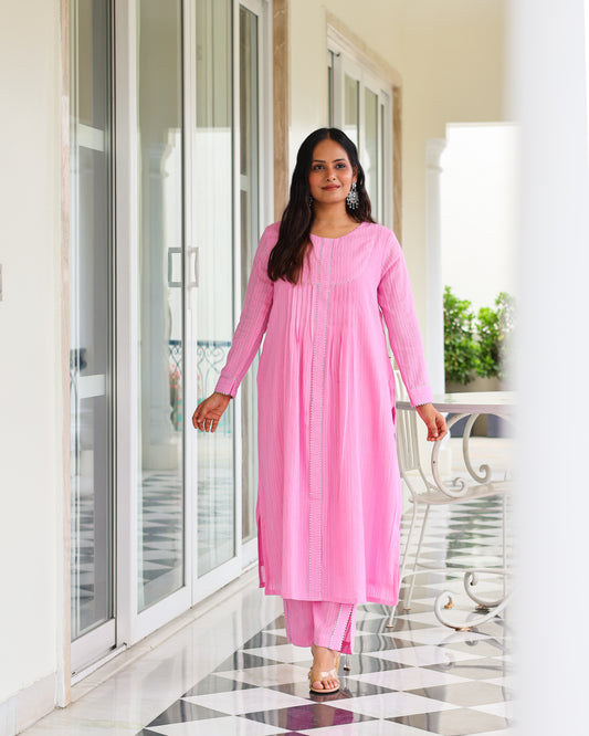 Harleen Pink Cotton Lurex Straight Kurta Set