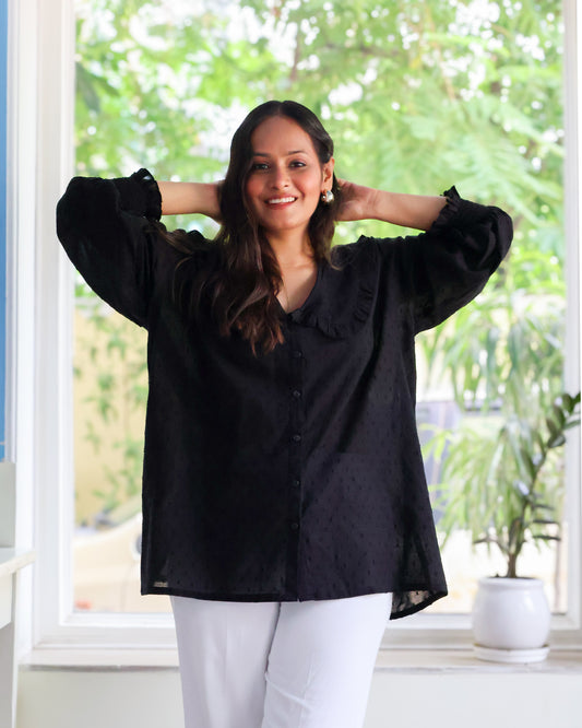 Twillight Black Collared Textured Cotton Shirt