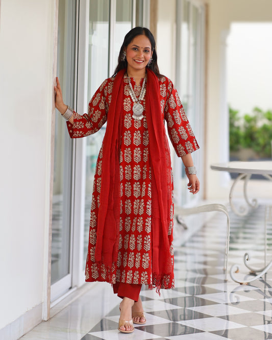 Durga Red HandBlock Print Suit Set