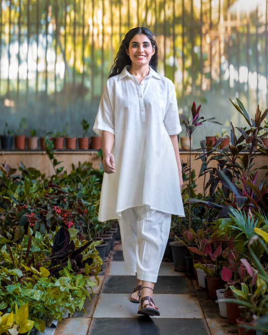 Rozana White Cotton kurta set with Afgani pants