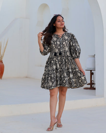 Vivian Black Puff Sleeves HandBlock Print Cotton Short Dress