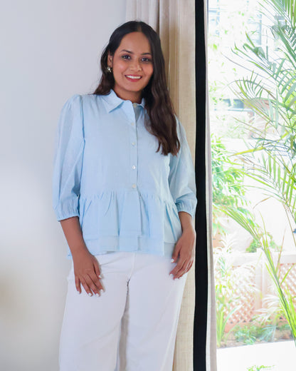 Angelina Collared Peplum Textured Cotton Top