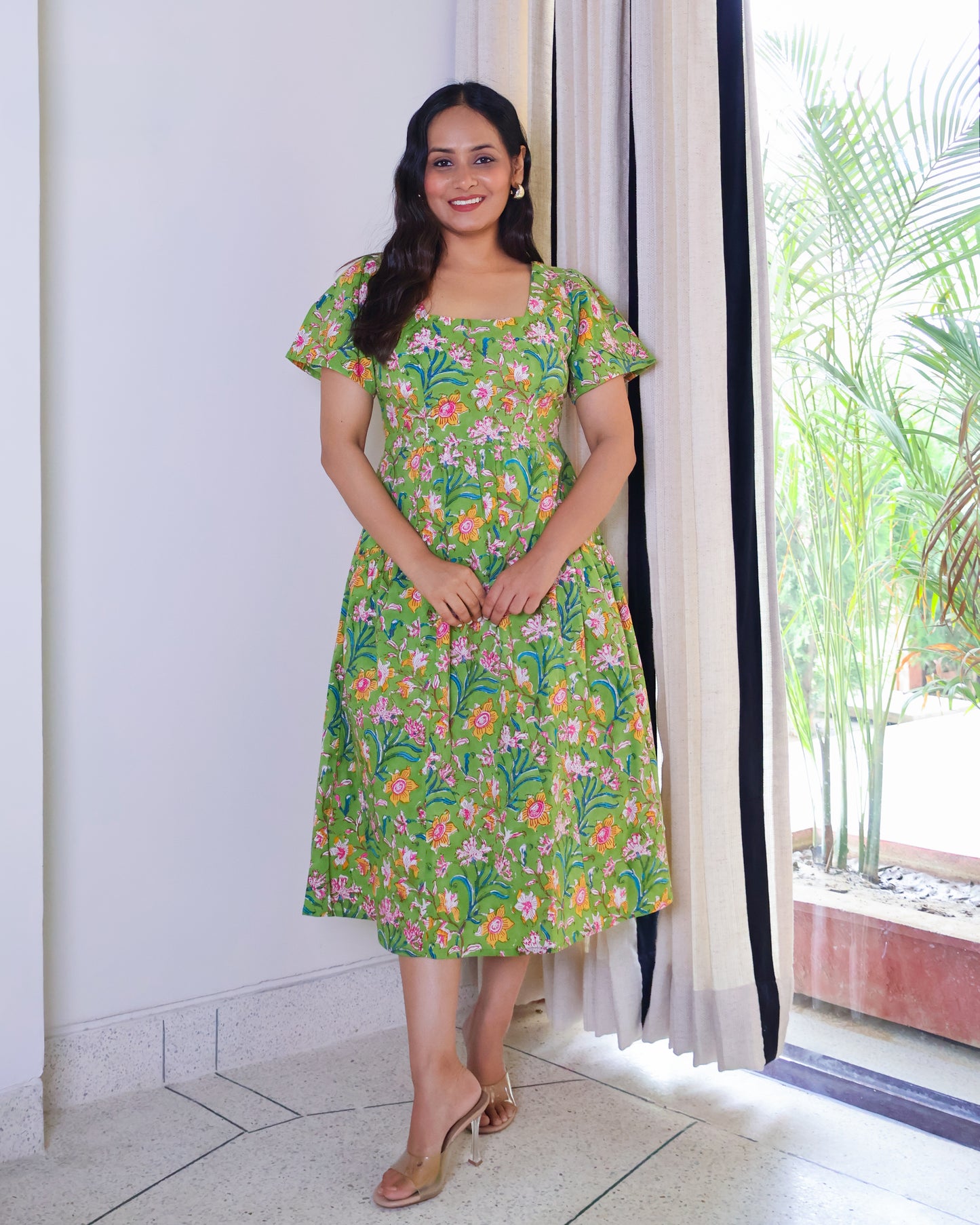 Emily Floral HandBlock Print Cotton Midi Dress