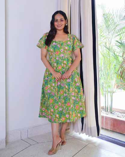Emily Floral HandBlock Print Cotton Midi Dress