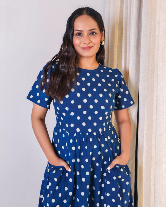 Stella Indigo Handblock Print Cotton Midi Dress