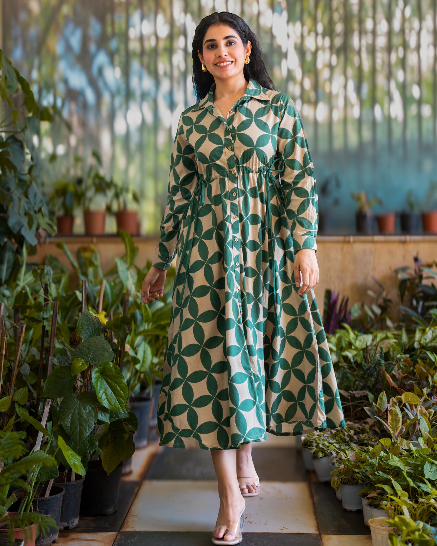 Blair Green Button-down Circular Midi Dress