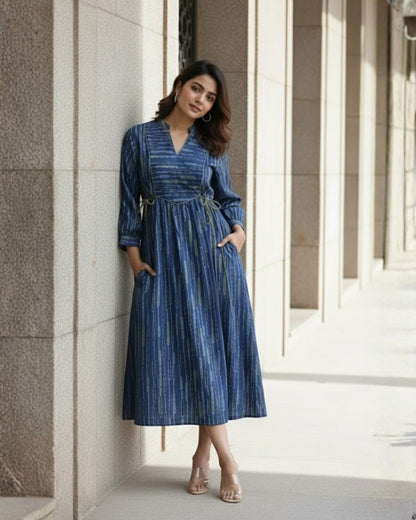 Skye Blue Tie-up Fit and Flare A-line Midi Dress