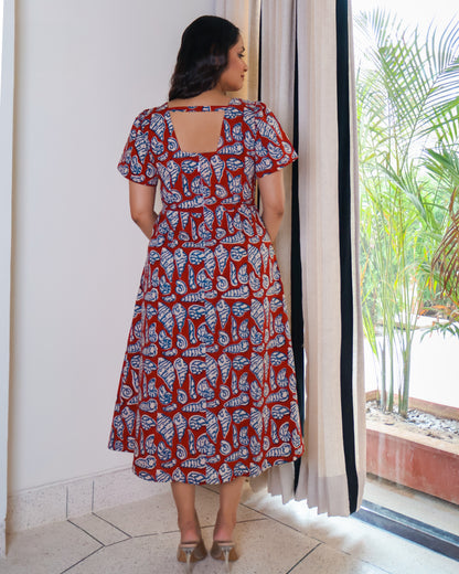 Shell Fit-and-Flare HandBlock Print Midi Dress