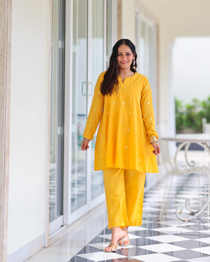 Kesar Yellow Cotton Lurex Short Kurta Set