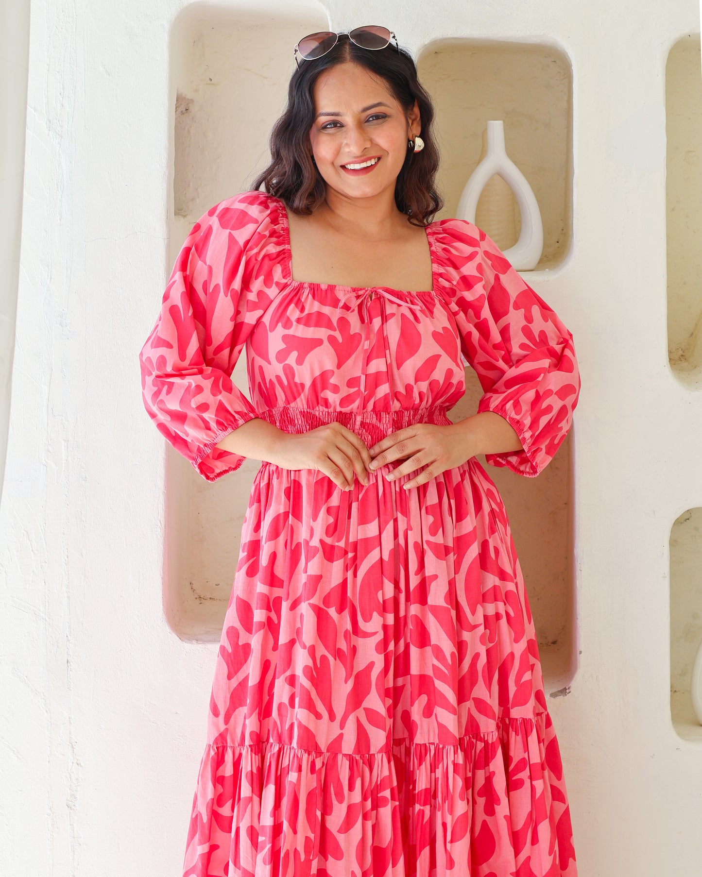 Jules Pink Cotton Tiered Midi Dress