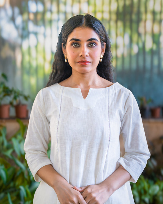 Saphed White Cotton A-line kurta