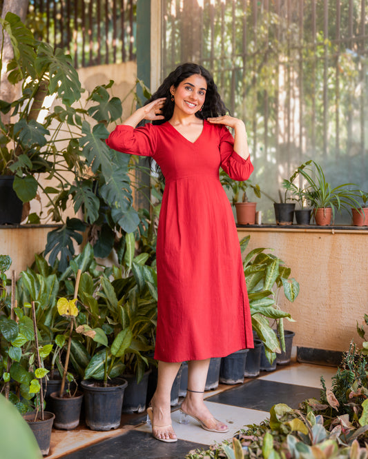Emma Red Cotton Midi Dress