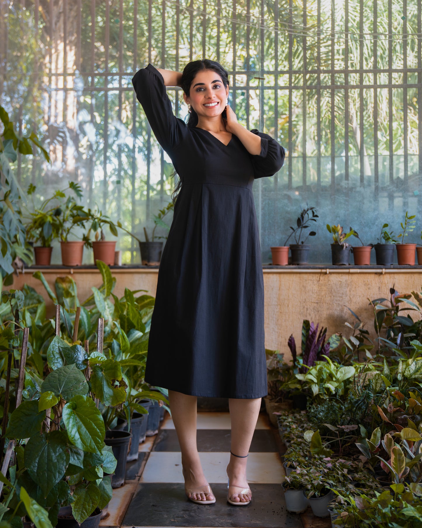 Marina Black Cotton Midi Dress