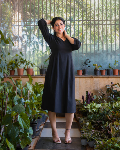 Marina Black Cotton Midi Dress