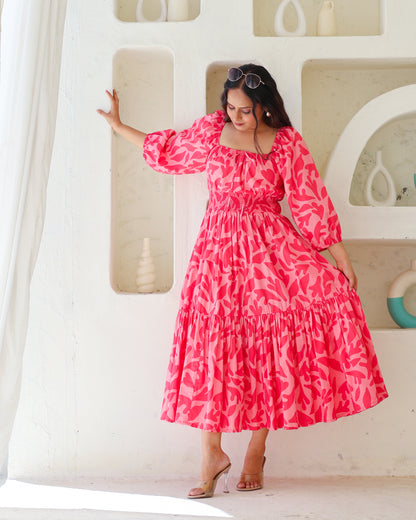 Jules Pink Cotton Tiered Midi Dress