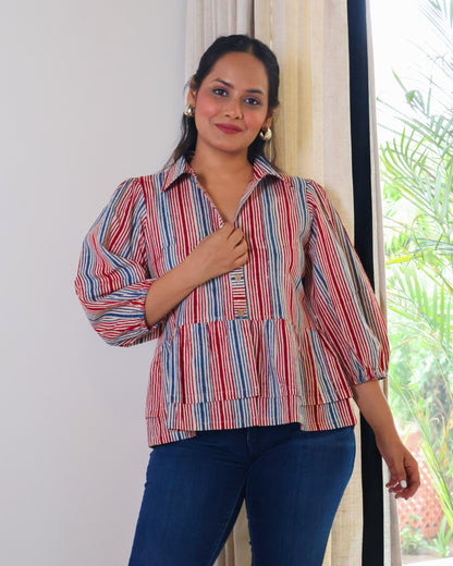 Faith Striped HandBlock Print Collared Peplum Cotton Top