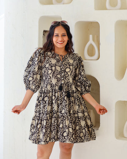 Vivian Black Puff Sleeves HandBlock Print Cotton Short Dress