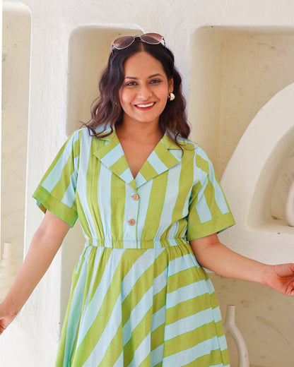 Taylor Green Blue Stripes Print Circular Cotton Midi Dress
