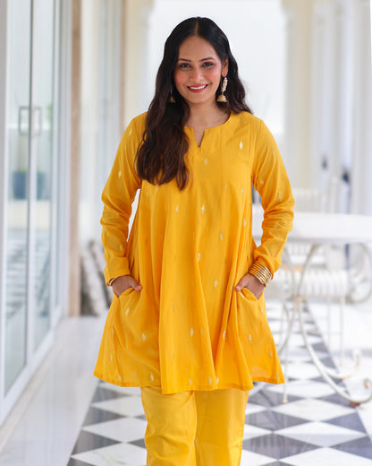 Kesar Yellow Cotton Lurex Short Kurta Set