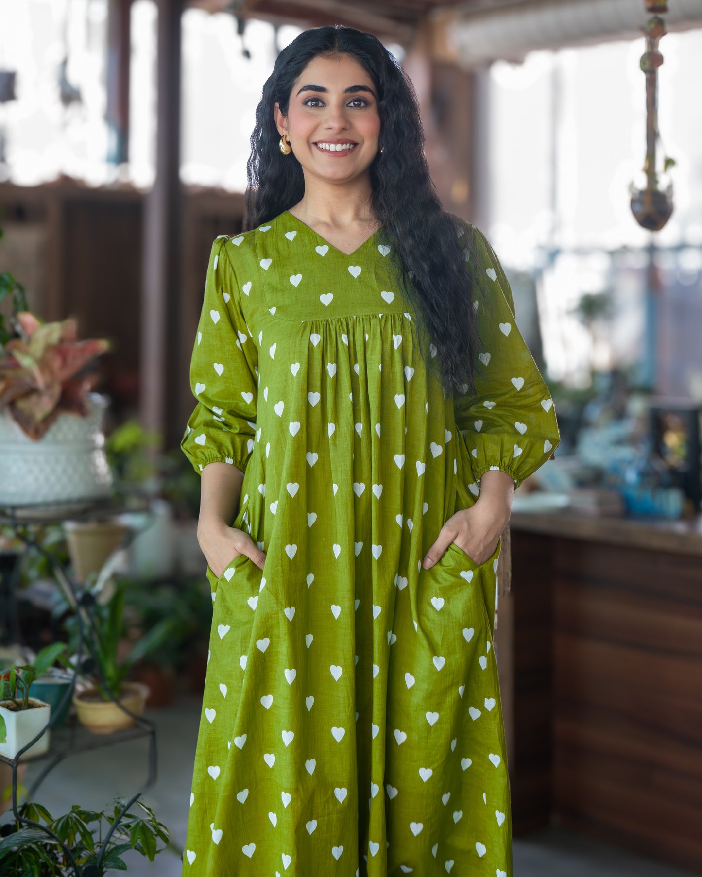 May Green Gathered Cotton Midi Dress