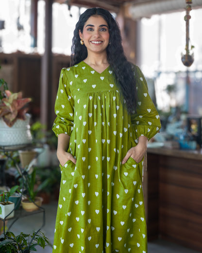 May Green Gathered Cotton Midi Dress