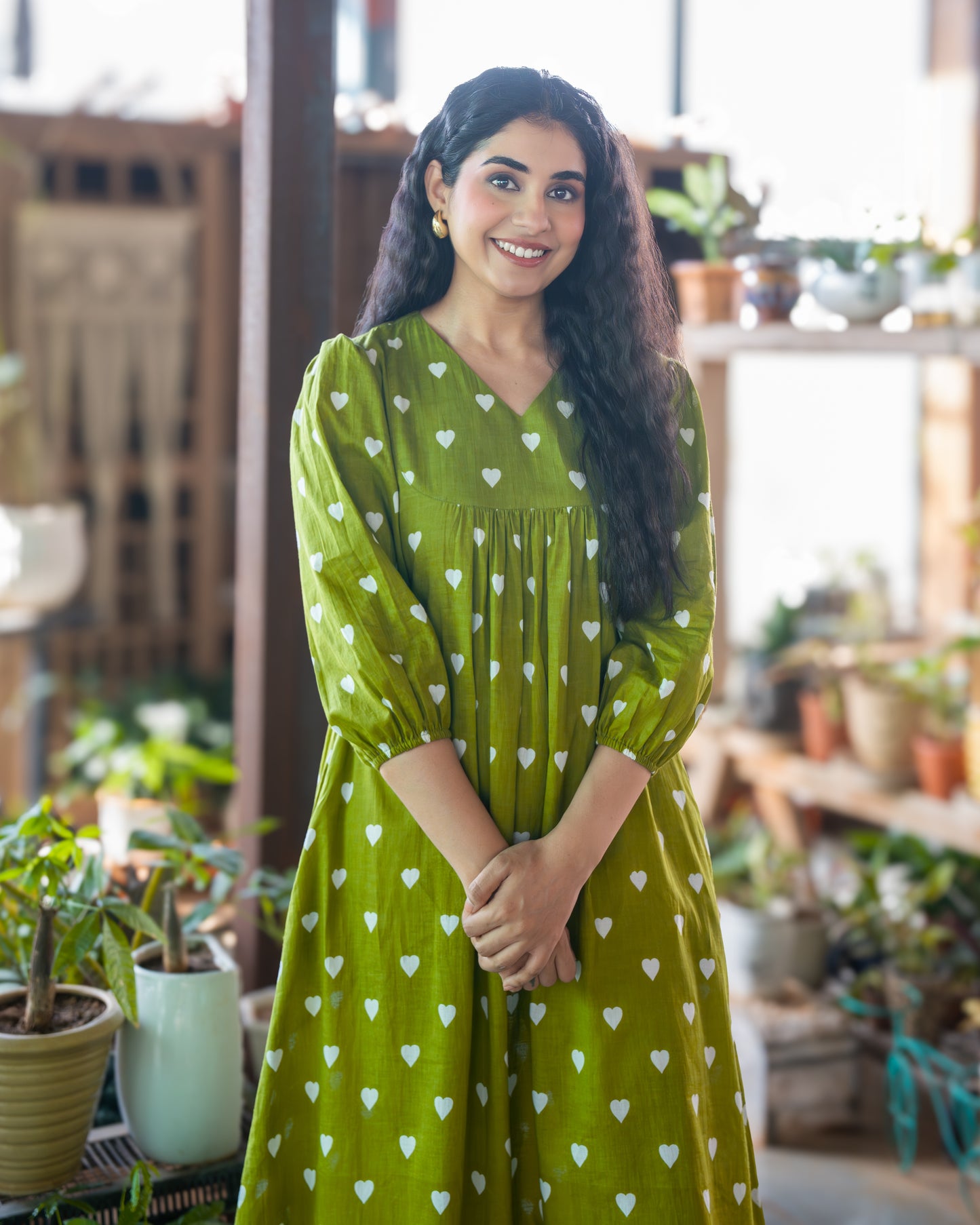 May Green Gathered Cotton Midi Dress
