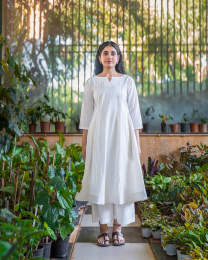Saphed White Cotton A-line kurta