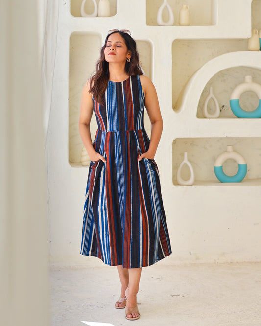 Megan Striped Jahota HandBlock Print Midi Dress
