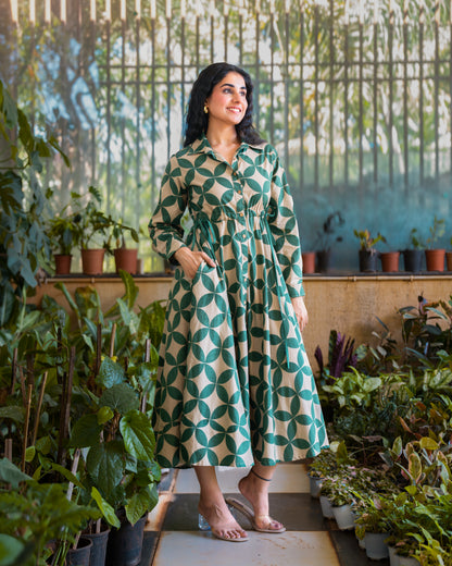 Blair Green Button-down Circular Midi Dress