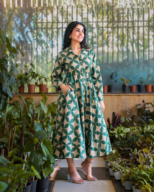 Blair Green Button-down Circular Midi Dress