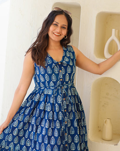 Zoey Indigo HandBlock Dabu Print Tiered Midi Dress