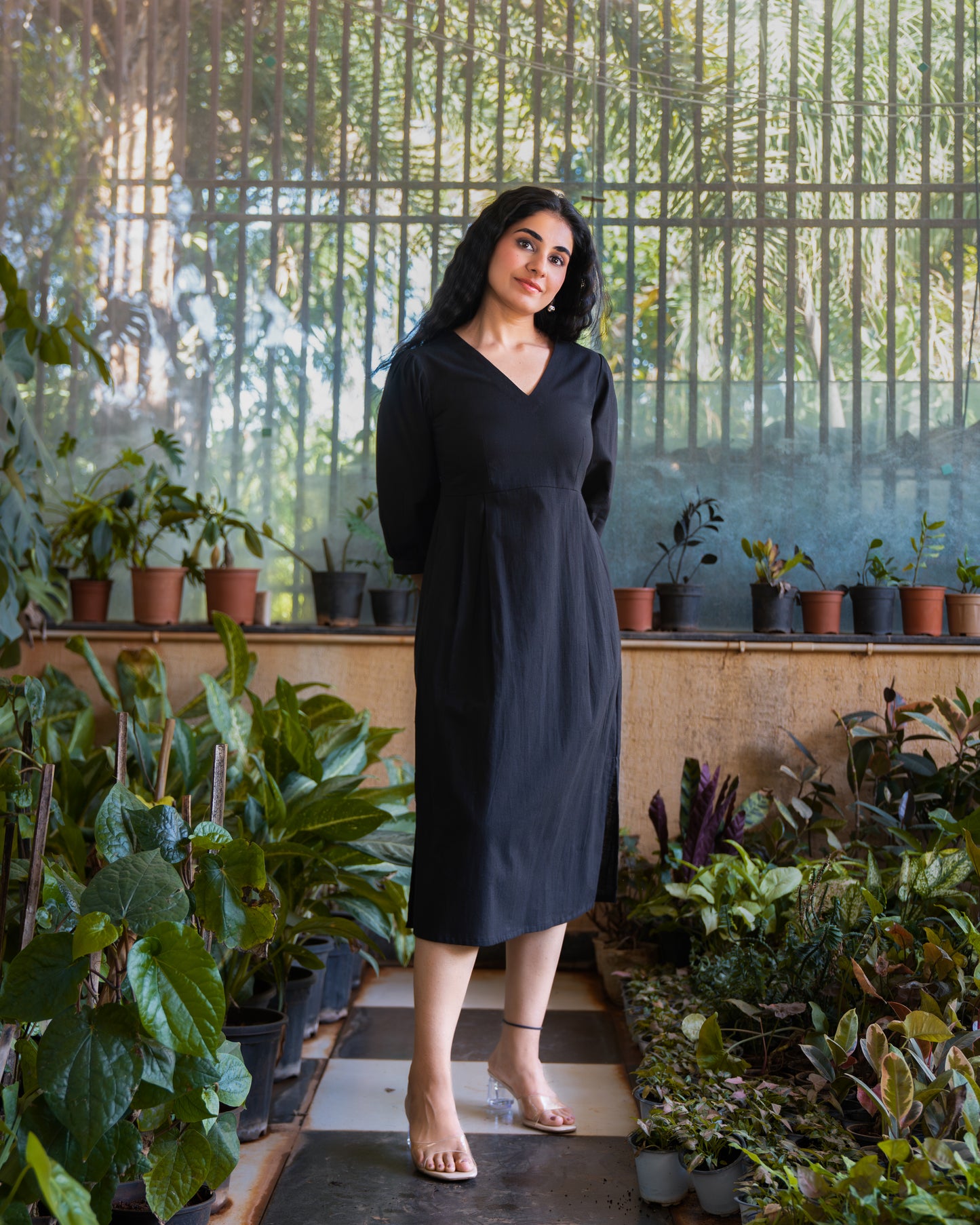 Marina Black Cotton Midi Dress