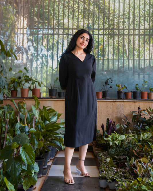 Marina Black Cotton Midi Dress